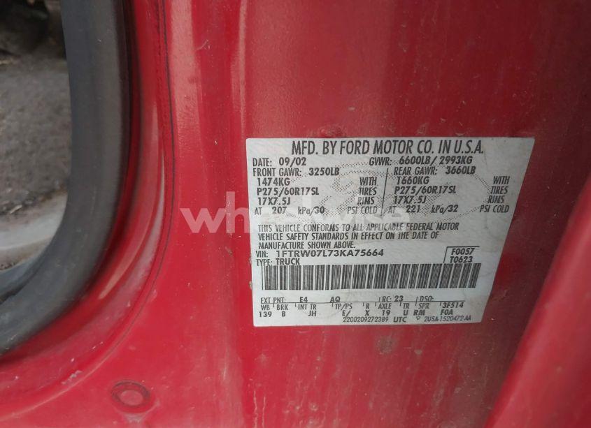 Photo 9 of 2003 Ford F-150 LARIAT/XLT (VIN 1FTRW07L73KA75664)