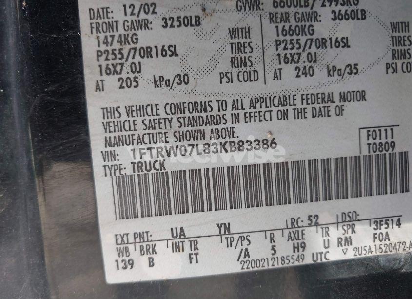 Photo 9 of 2003 Ford F150 SUPERCREW (VIN 1FTRW07L83KB83386)