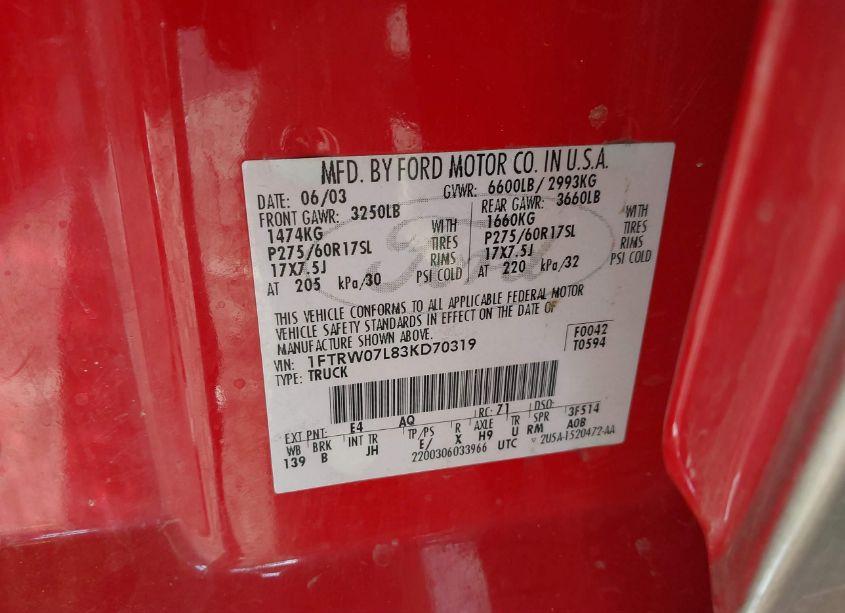 Photo 9 of 2003 Ford F-150 LARIAT/XLT (VIN 1FTRW07L83KD70319)