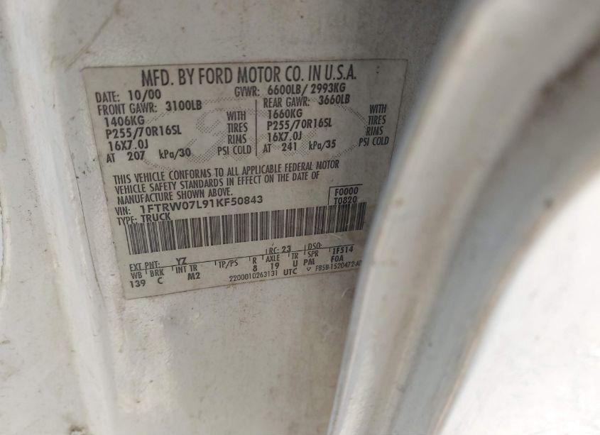 Photo 9 of 2001 Ford F-150 HARLEY-DAVIDSON EDITION/KING RANCH EDITION/LARIAT/XLT (VIN 1FTRW07L91KF50843)