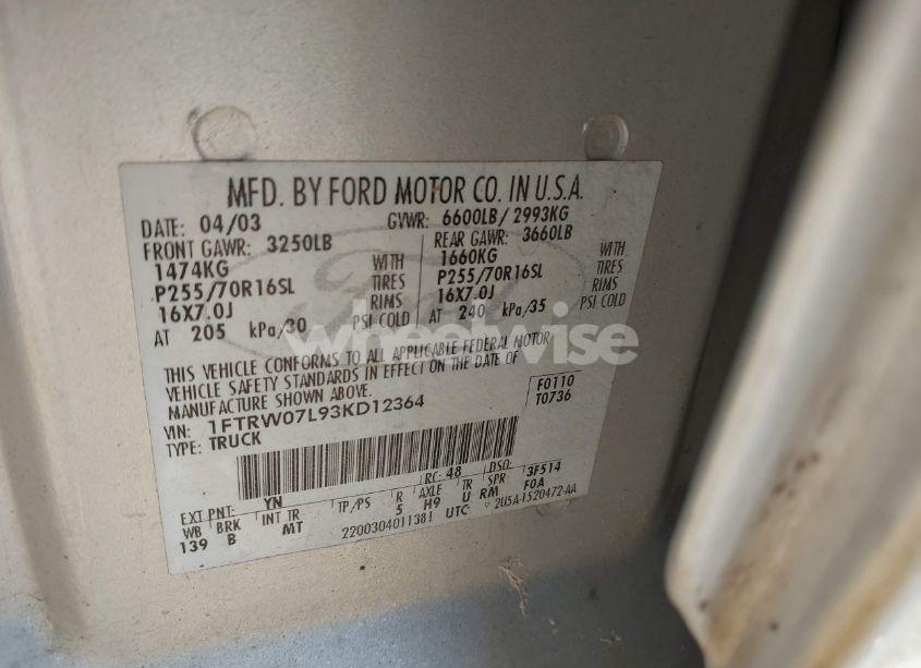 Photo 9 of 2003 Ford F-150 LARIAT/XLT (VIN 1FTRW07L93KD12364)