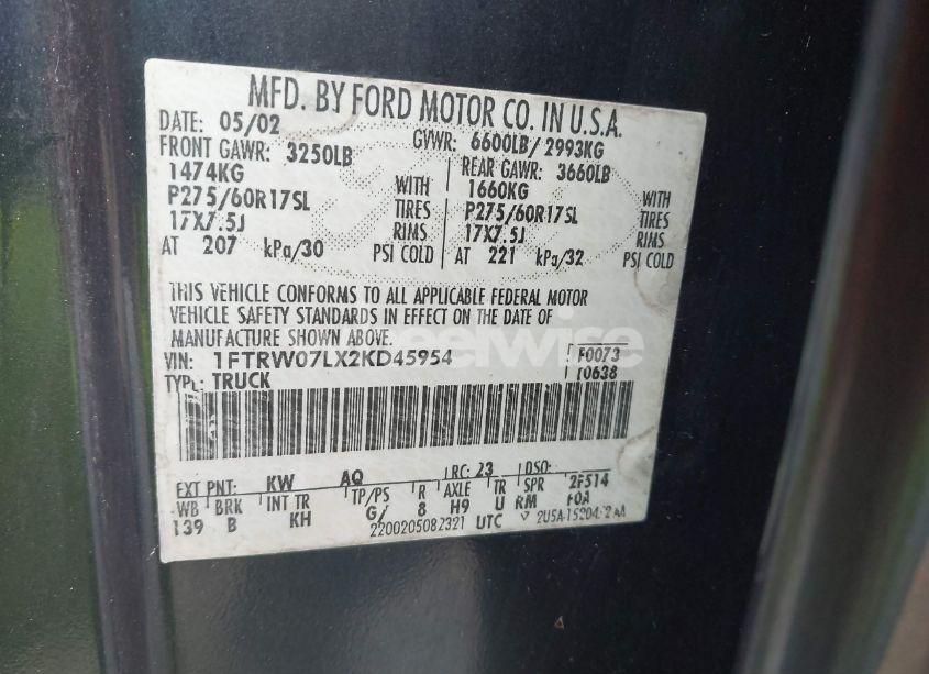 Photo 9 of 2002 Ford F-150 LARIAT/XLT (VIN 1FTRW07LX2KD45954)