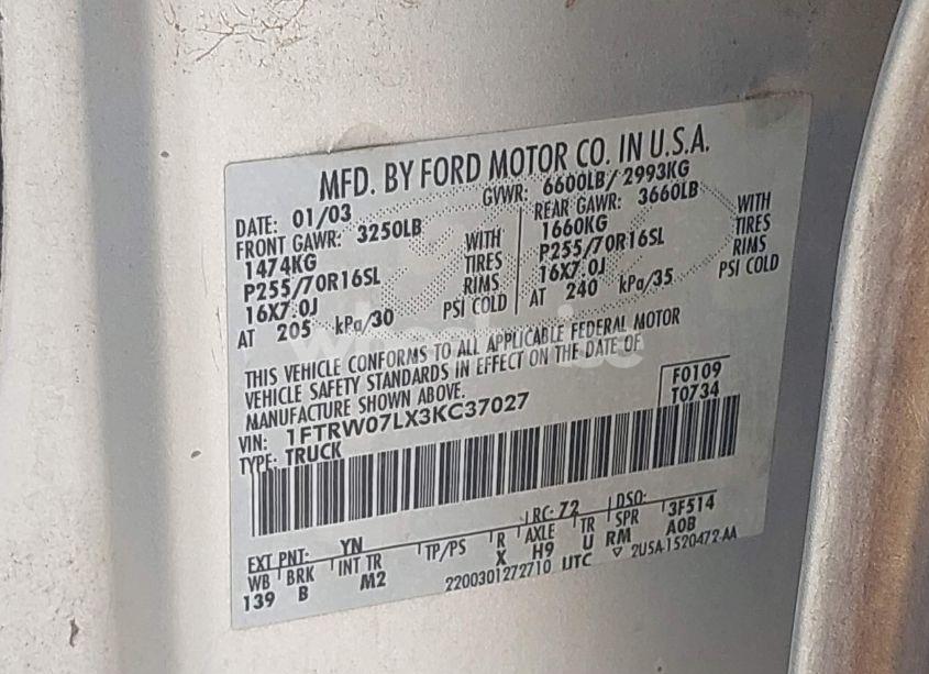 Photo 9 of 2003 Ford F-150 LARIAT/XLT (VIN 1FTRW07LX3KC37027)