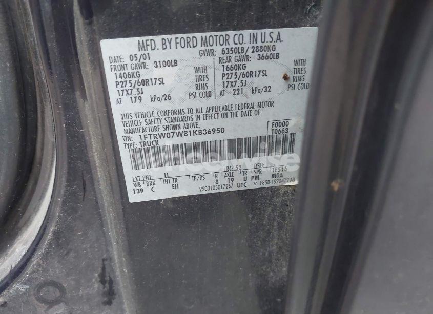 Photo 9 of 2001 Ford F-150 HARLEY-DAVIDSON EDITION/KING RANCH EDITION/LARIAT/XLT (VIN 1FTRW07W81KB36950)