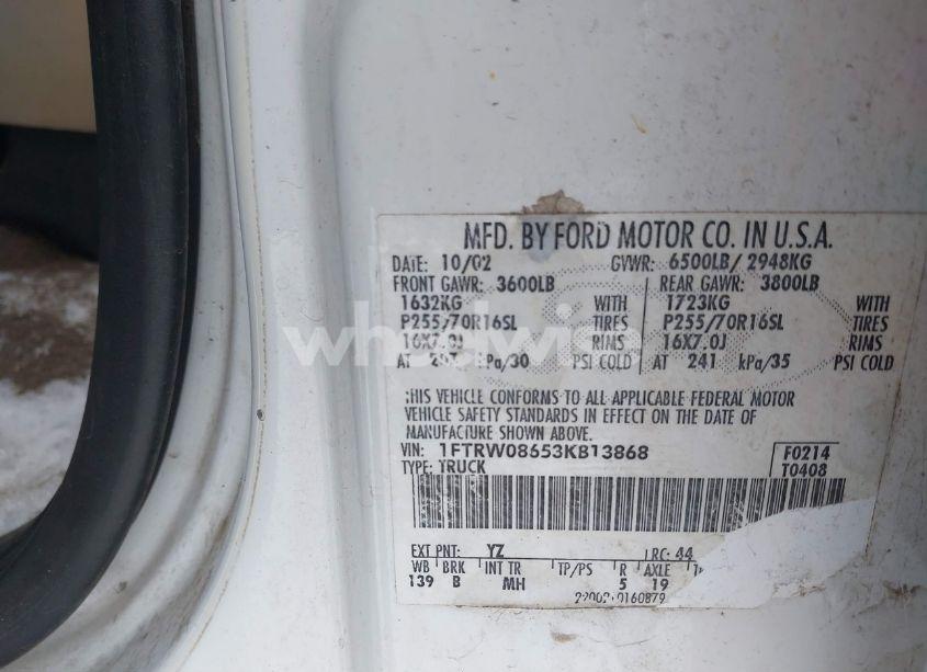 Photo 9 of 2003 Ford F-150 LARIAT/XLT (VIN 1FTRW08653KB13868)