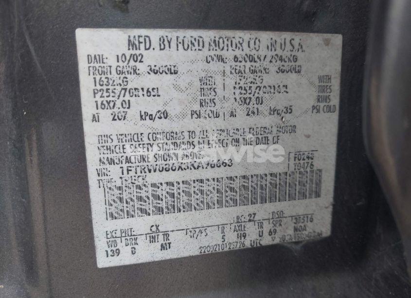 Photo 9 of 2003 Ford F-150 LARIAT/XLT (VIN 1FTRW086X3KA96663)