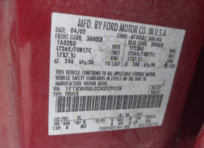 Photo 9 of 2002 Ford F-150 LARIAT/XLT (VIN 1FTRW08L02KD29258)