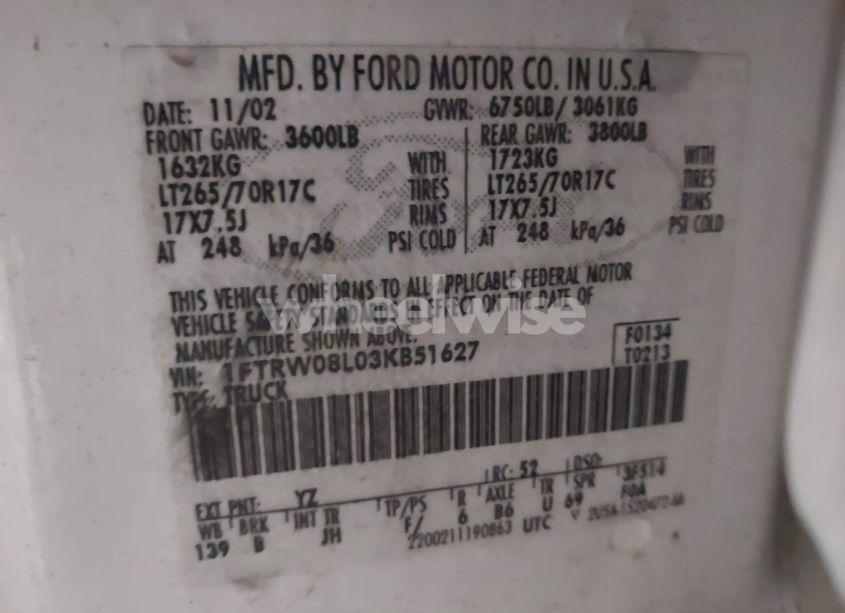 Photo 9 of 2003 Ford F-150 LARIAT/XLT (VIN 1FTRW08L03KB51627)