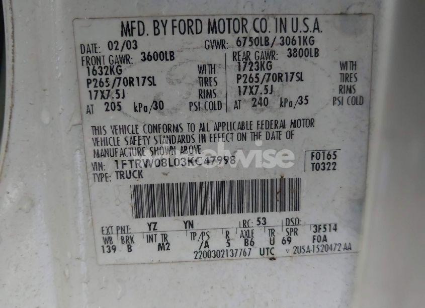 Photo 9 of 2003 Ford F-150 LARIAT/XLT (VIN 1FTRW08L03KC47998)