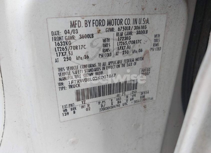 Photo 9 of 2003 Ford F-150 LARIAT/XLT (VIN 1FTRW08L03KD31867)