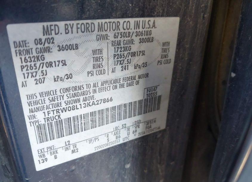 Photo 9 of 2003 Ford F-150 LARIAT/XLT (VIN 1FTRW08L13KA27866)