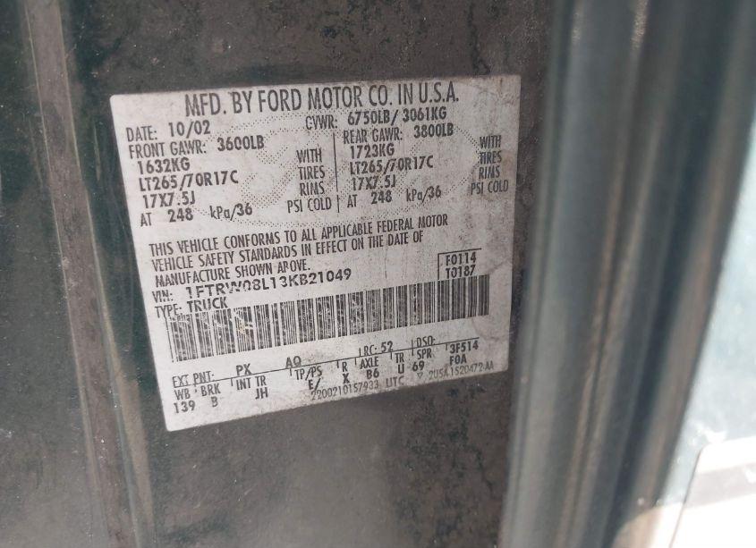 Photo 9 of 2003 Ford F-150 LARIAT/XLT (VIN 1FTRW08L13KB21049)