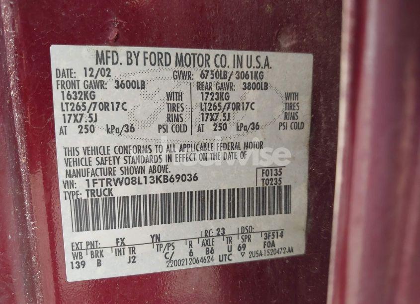 Photo 9 of 2003 Ford F-150 LARIAT/XLT (VIN 1FTRW08L13KB69036)