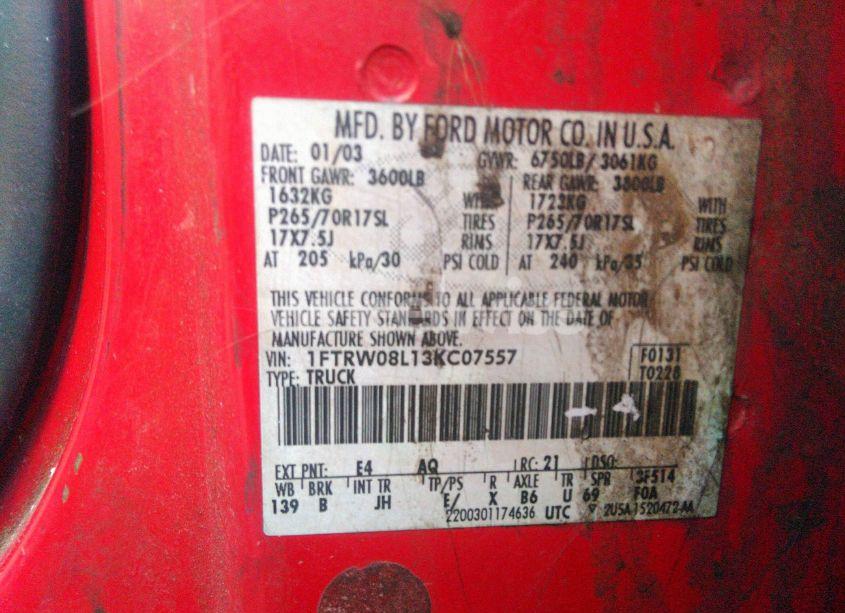 Photo 9 of 2003 Ford F-150 LARIAT/XLT (VIN 1FTRW08L13KC07557)