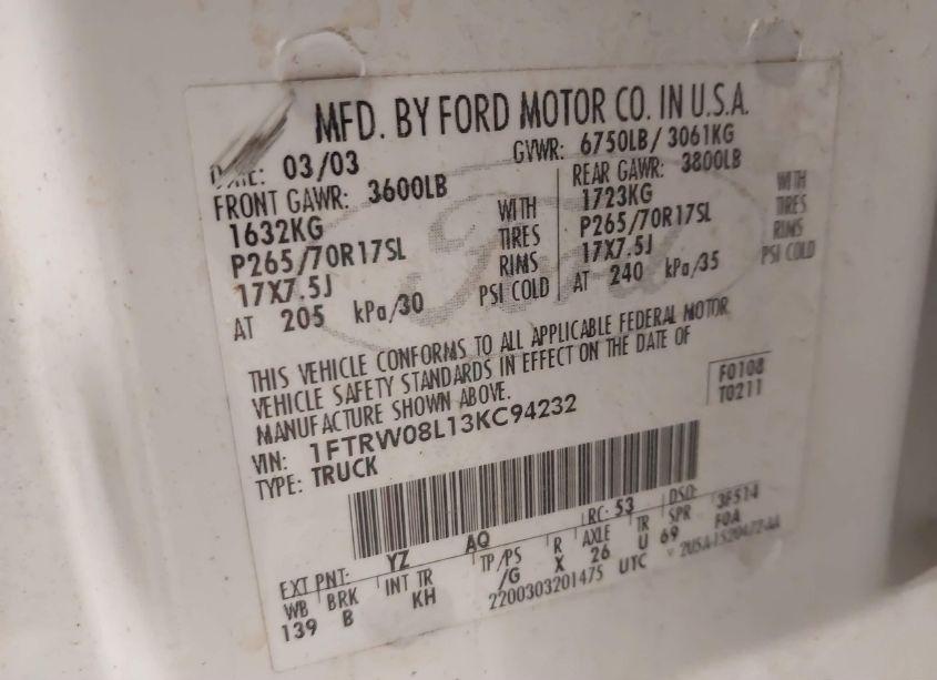 Photo 9 of 2003 Ford F-150 LARIAT/XLT (VIN 1FTRW08L13KC94232)