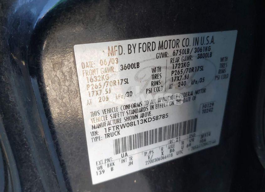 Photo 9 of 2003 Ford F-150 LARIAT/XLT (VIN 1FTRW08L13KD58785)