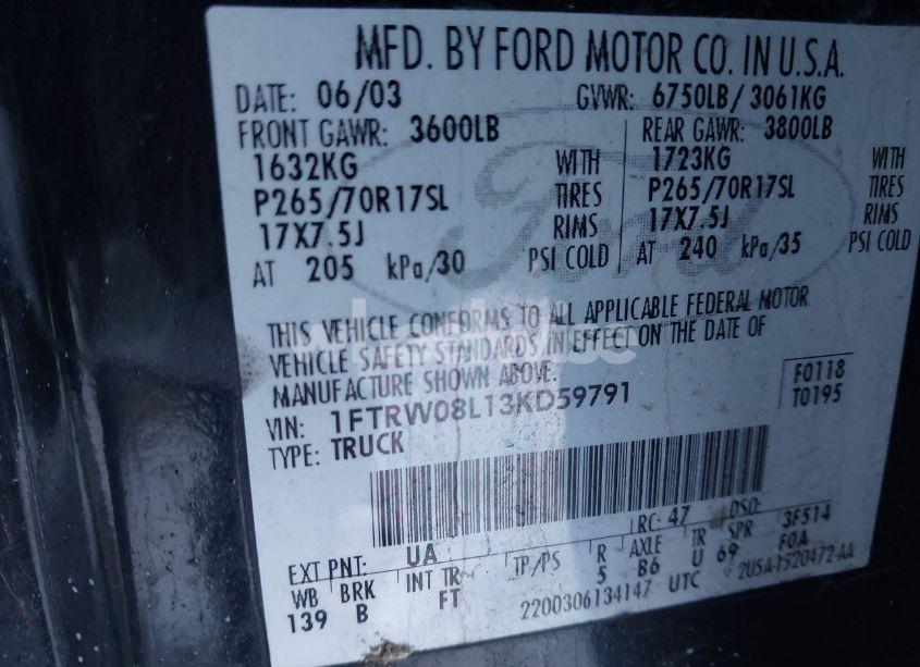 Photo 9 of 2003 Ford F-150 LARIAT/XLT (VIN 1FTRW08L13KD59791)