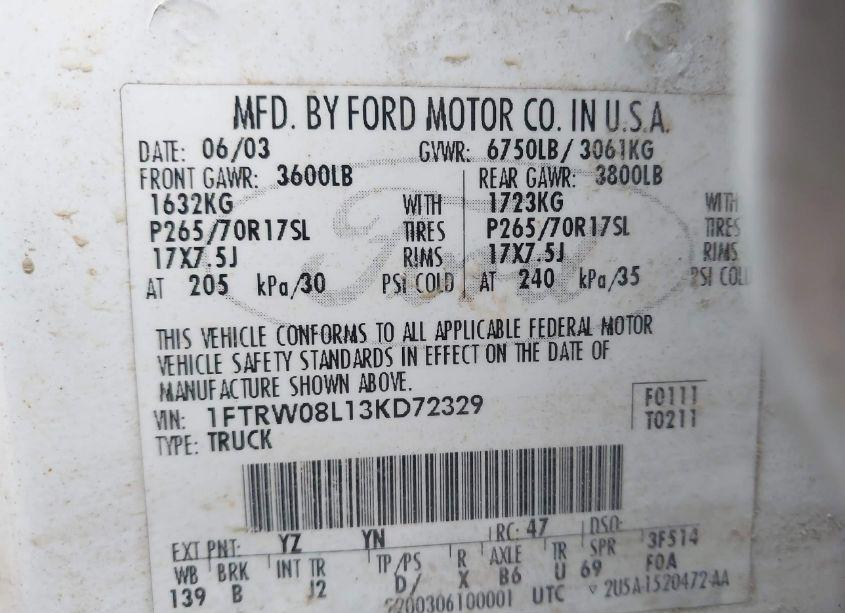 Photo 9 of 2003 Ford F-150 LARIAT/XLT (VIN 1FTRW08L13KD72329)