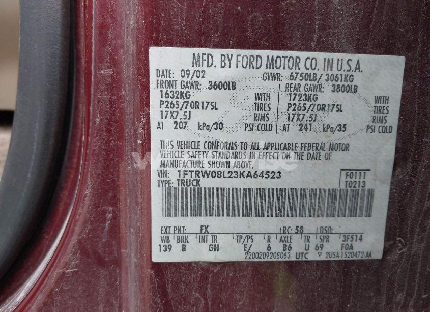 Photo 9 of 2003 Ford F-150 LARIAT/XLT (VIN 1FTRW08L23KA64523)