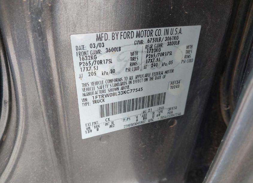 Photo 9 of 2003 Ford F-150 LARIAT/XLT (VIN 1FTRW08L33KC77545)