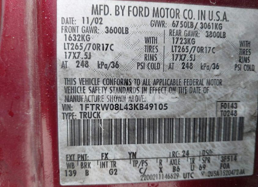 Photo 9 of 2003 Ford F-150 LARIAT/XLT (VIN 1FTRW08L43KB49105)