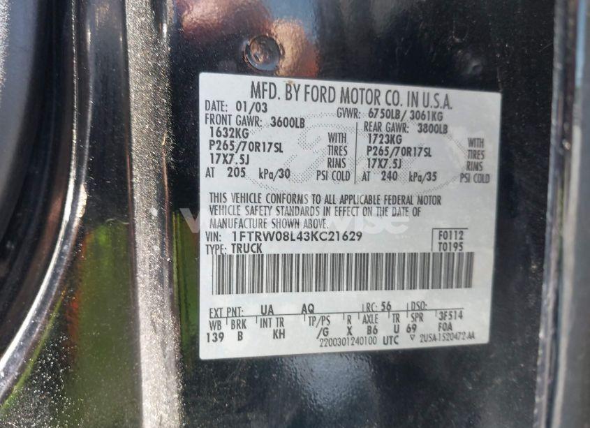 Photo 9 of 2003 Ford F-150 LARIAT/XLT (VIN 1FTRW08L43KC21629)