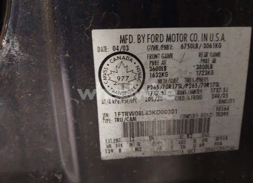 Photo 9 of 2003 Ford F-150 LARIAT/XLT (VIN 1FTRW08L43KD00301)