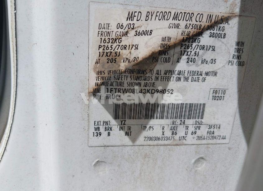 Photo 9 of 2003 Ford F-150 LARIAT/XLT (VIN 1FTRW08L43KD98052)