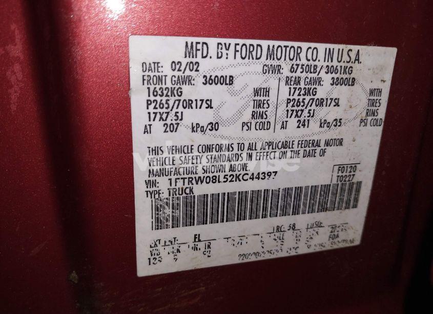 Photo 9 of 2002 Ford F-150 LARIAT/XLT (VIN 1FTRW08L52KC44397)