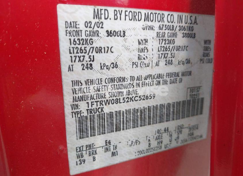 Photo 9 of 2002 Ford F-150 LARIAT/XLT (VIN 1FTRW08L52KC52659)