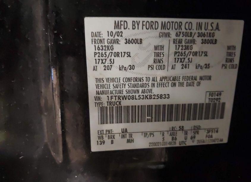 Photo 9 of 2003 Ford F-150 LARIAT/XLT (VIN 1FTRW08L53KB25833)