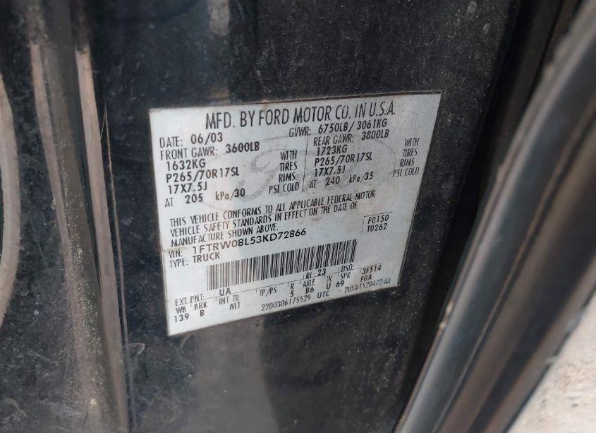 Photo 9 of 2003 Ford F-150 LARIAT/XLT (VIN 1FTRW08L53KD72866)