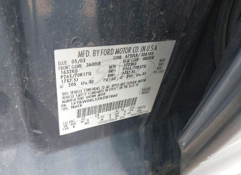 Photo 9 of 2003 Ford F-150 LARIAT/XLT (VIN 1FTRW08L53KD81860)