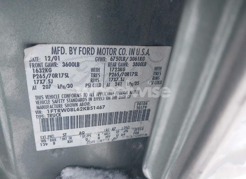 Photo 9 of 2002 Ford F-150 LARIAT/XLT (VIN 1FTRW08L62KB51467)