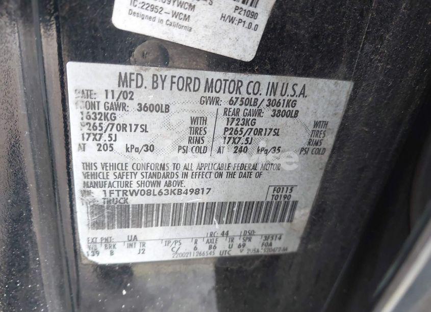 Photo 9 of 2003 Ford F-150 LARIAT/XLT (VIN 1FTRW08L63KB49817)