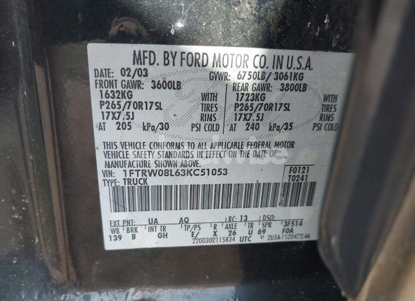 Photo 9 of 2003 Ford F-150 LARIAT/XLT (VIN 1FTRW08L63KC51053)