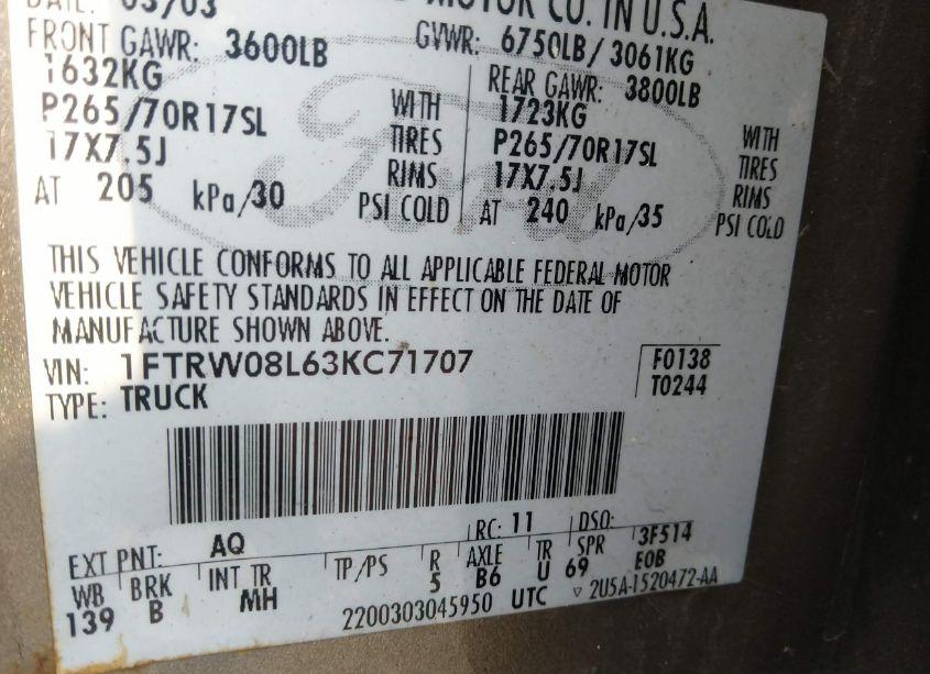 Photo 9 of 2003 Ford F-150 XLT/LARIAT (VIN 1FTRW08L63KC71707)