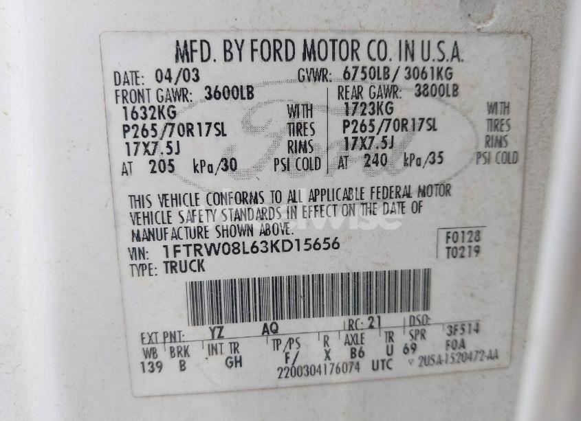 Photo 9 of 2003 Ford F-150 LARIAT/XLT (VIN 1FTRW08L63KD15656)