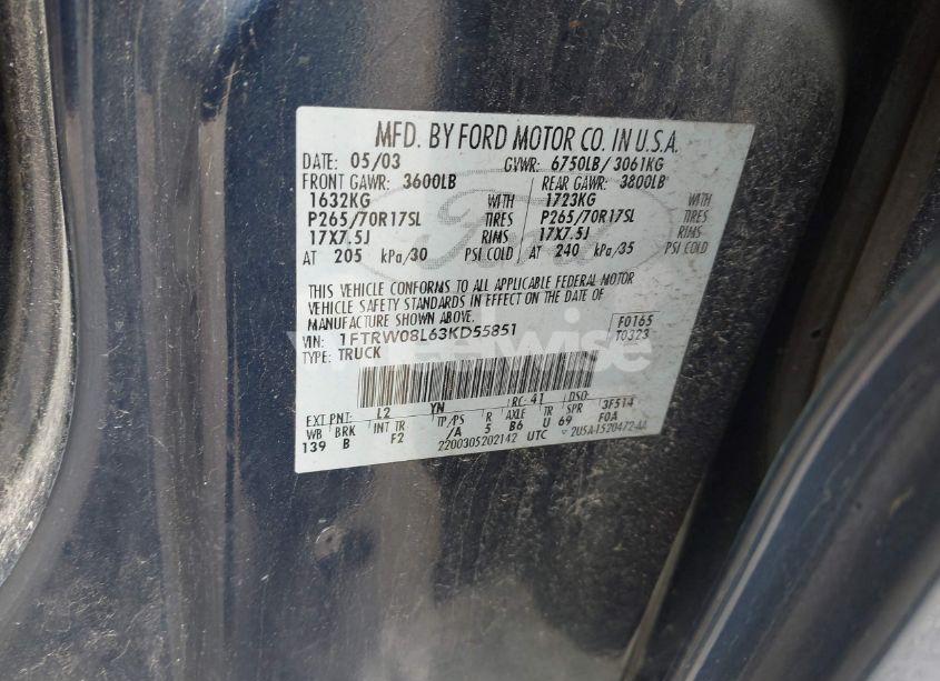 Photo 9 of 2003 Ford F-150 LARIAT/XLT (VIN 1FTRW08L63KD55851)