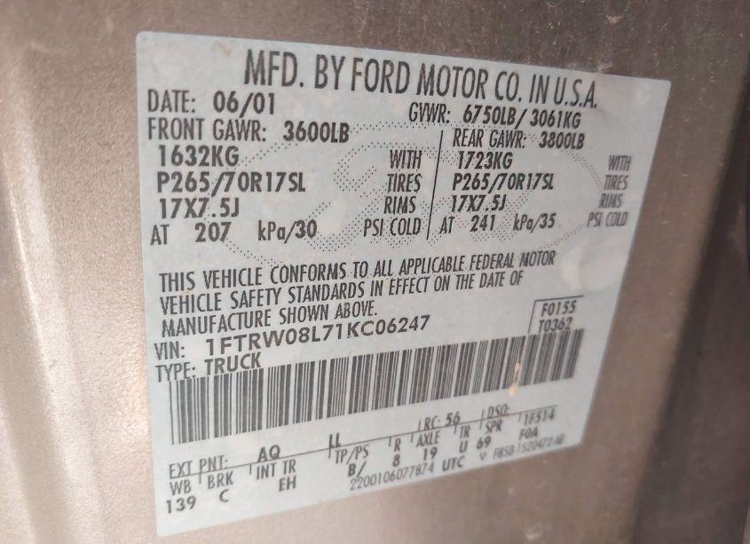 Photo 9 of 2001 Ford F150 SUPERCREW (VIN 1FTRW08L71KC06247)