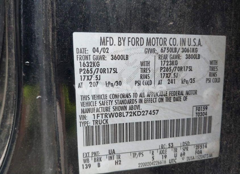 Photo 9 of 2002 Ford F-150 LARIAT/XLT (VIN 1FTRW08L72KD27457)