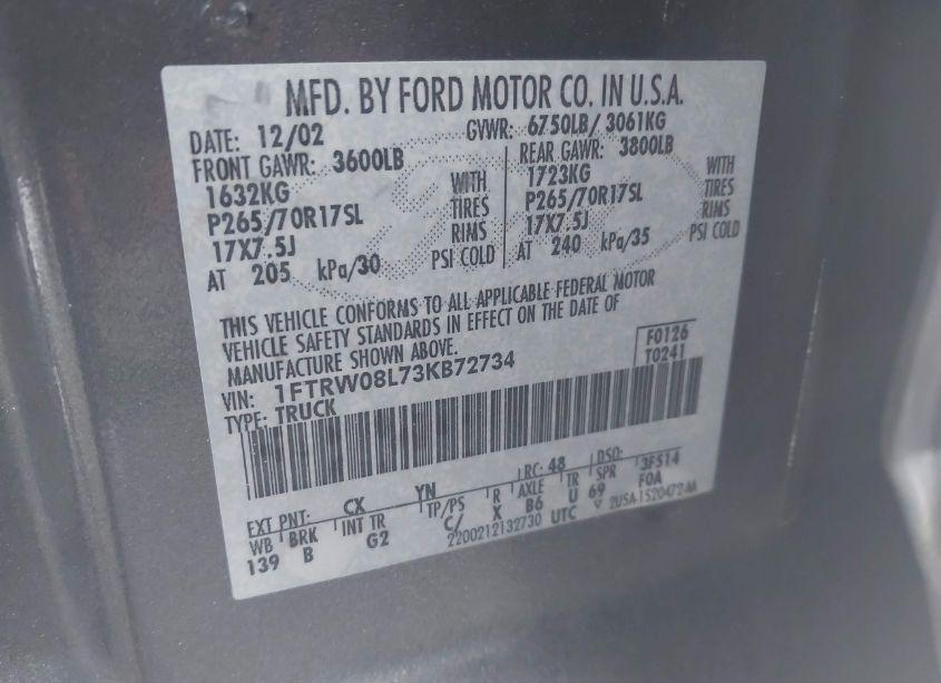 Photo 9 of 2003 Ford F-150 LARIAT/XLT (VIN 1FTRW08L73KB72734)