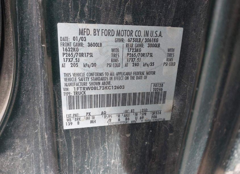 Photo 9 of 2003 Ford F-150 LARIAT/XLT (VIN 1FTRW08L73KC12603)