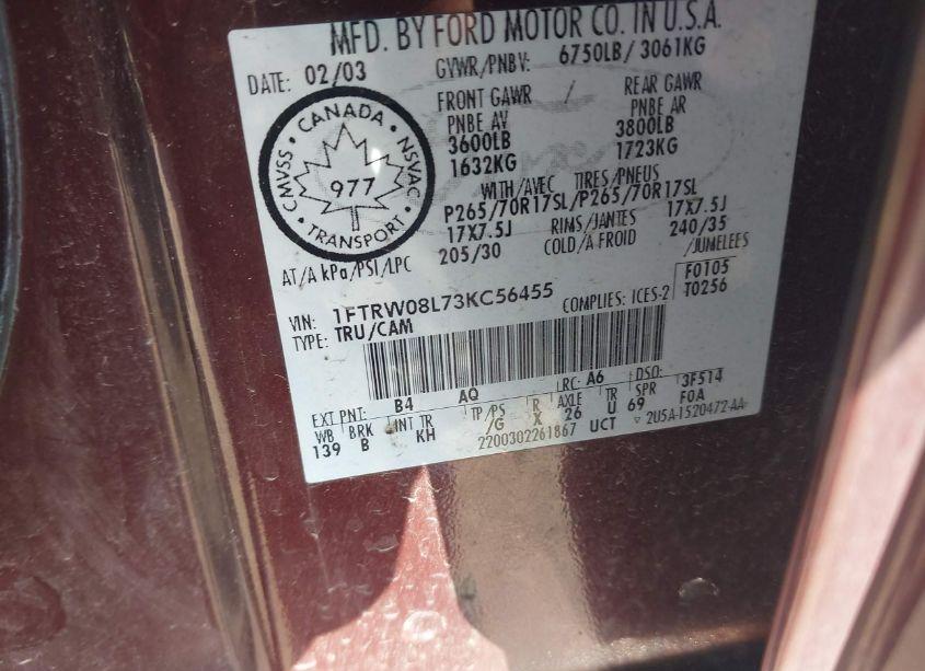 Photo 9 of 2003 Ford F-150 LARIAT/XLT (VIN 1FTRW08L73KC56455)