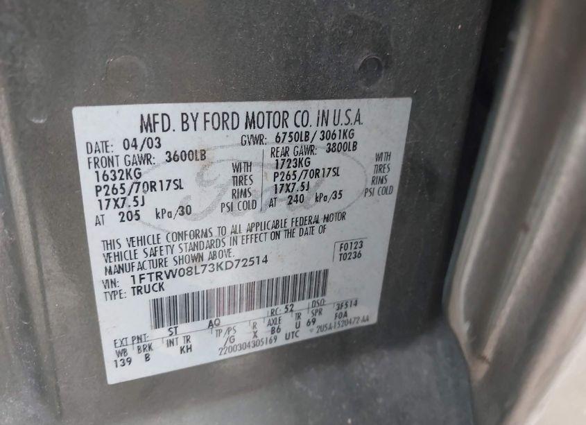 Photo 9 of 2003 Ford F-150 LARIAT/XLT (VIN 1FTRW08L73KD72514)