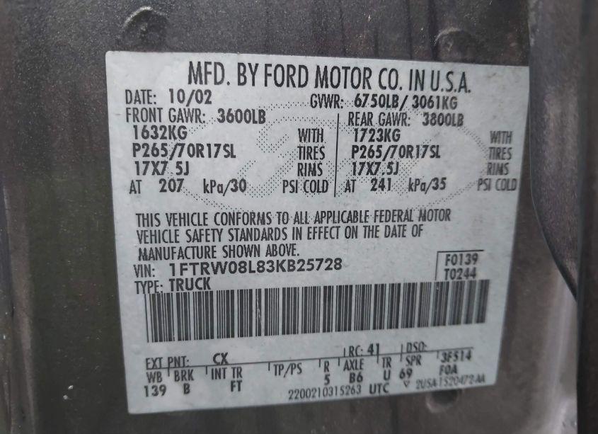 Photo 9 of 2003 Ford F-150 LARIAT/XLT (VIN 1FTRW08L83KB25728)