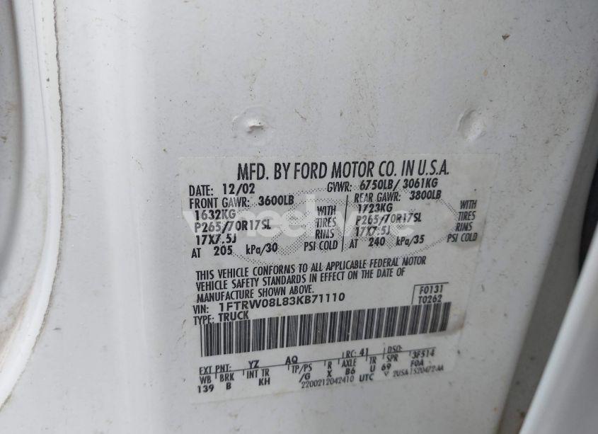 Photo 9 of 2003 Ford F-150 LARIAT/XLT (VIN 1FTRW08L83KB71110)