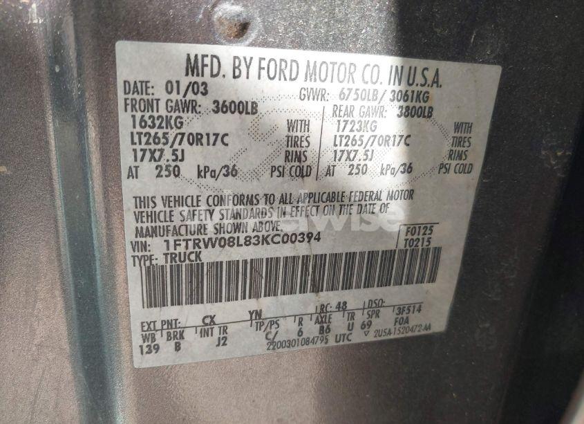 Photo 9 of 2003 Ford F-150 LARIAT/XLT (VIN 1FTRW08L83KC00394)