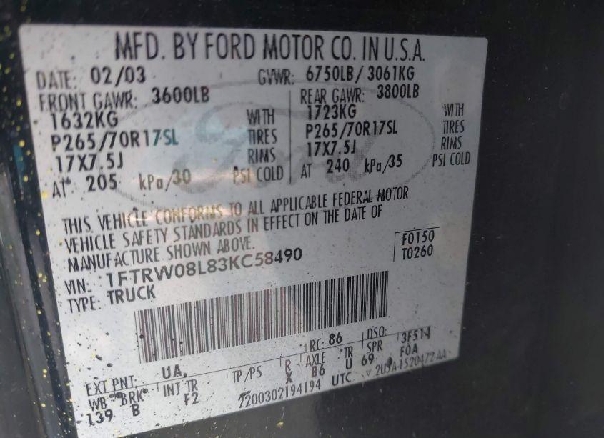 Photo 9 of 2003 Ford F-150 LARIAT/XLT (VIN 1FTRW08L83KC58490)