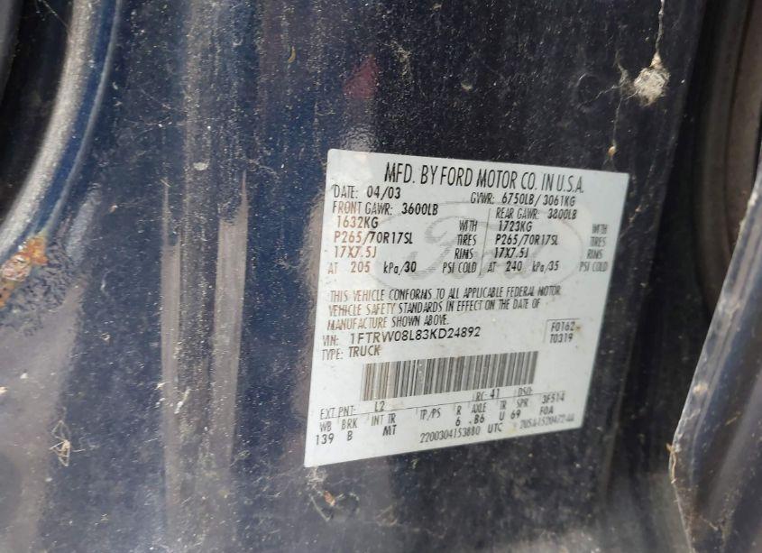 Photo 9 of 2003 Ford F-150 LARIAT/XLT (VIN 1FTRW08L83KD24892)